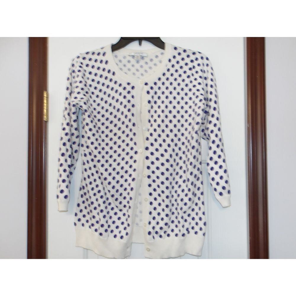 Liz Claiborne White & Navy Polka Dot Button-Up Cardigan Sweater 3/4 Sleeve